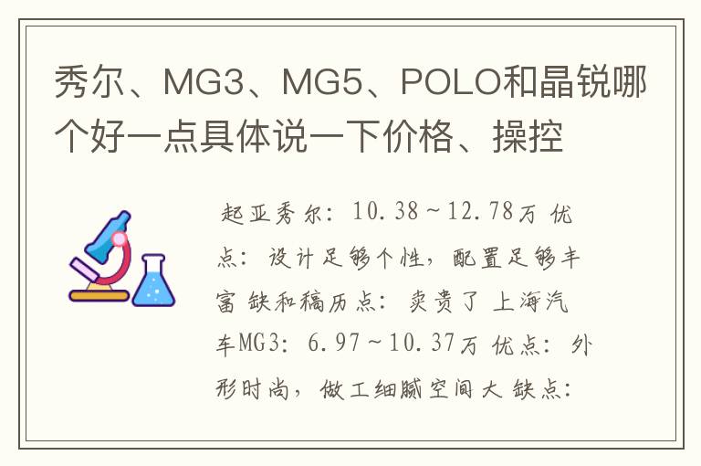 秀尔、MG3、MG5、POLO和晶锐哪个好一点具体说一下价格、操控、保养方面的