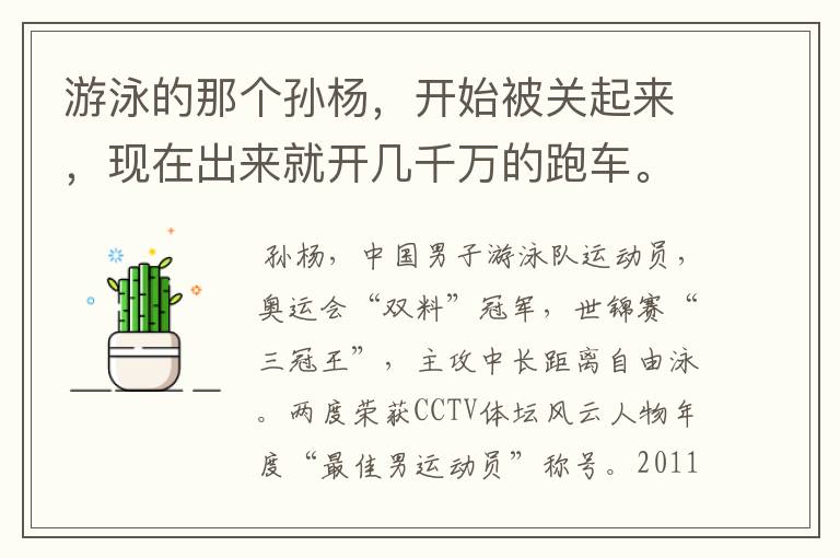 游泳的那个孙杨，开始被关起来，现在出来就开几千万的跑车。怎么那么有钱呀