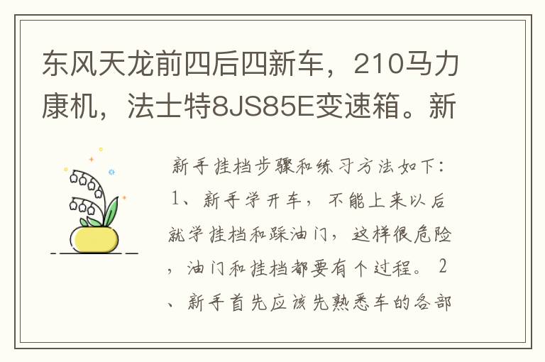 东风天龙前四后四新车，210马力康机，法士特8JS85E变速箱。新手挂档怎么操作，高低档加减档具体