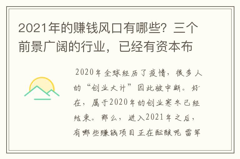 2021年的赚钱风口有哪些？三个前景广阔的行业，已经有资本布局