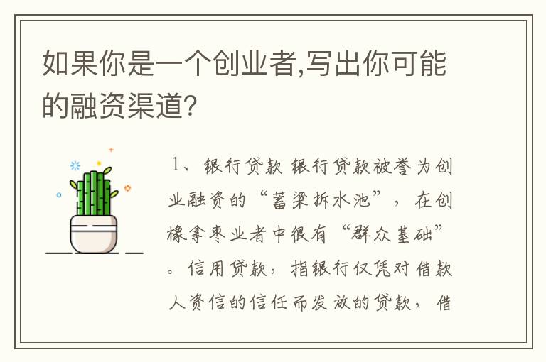 如果你是一个创业者,写出你可能的融资渠道？