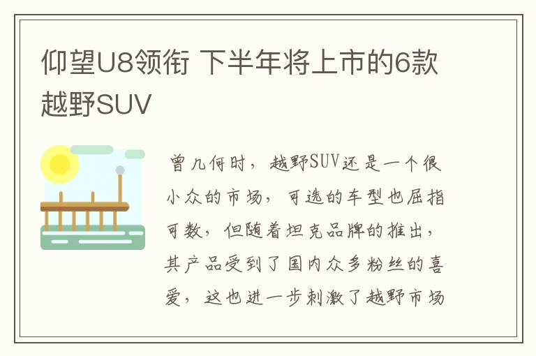 仰望U8领衔 下半年将上市的6款越野SUV